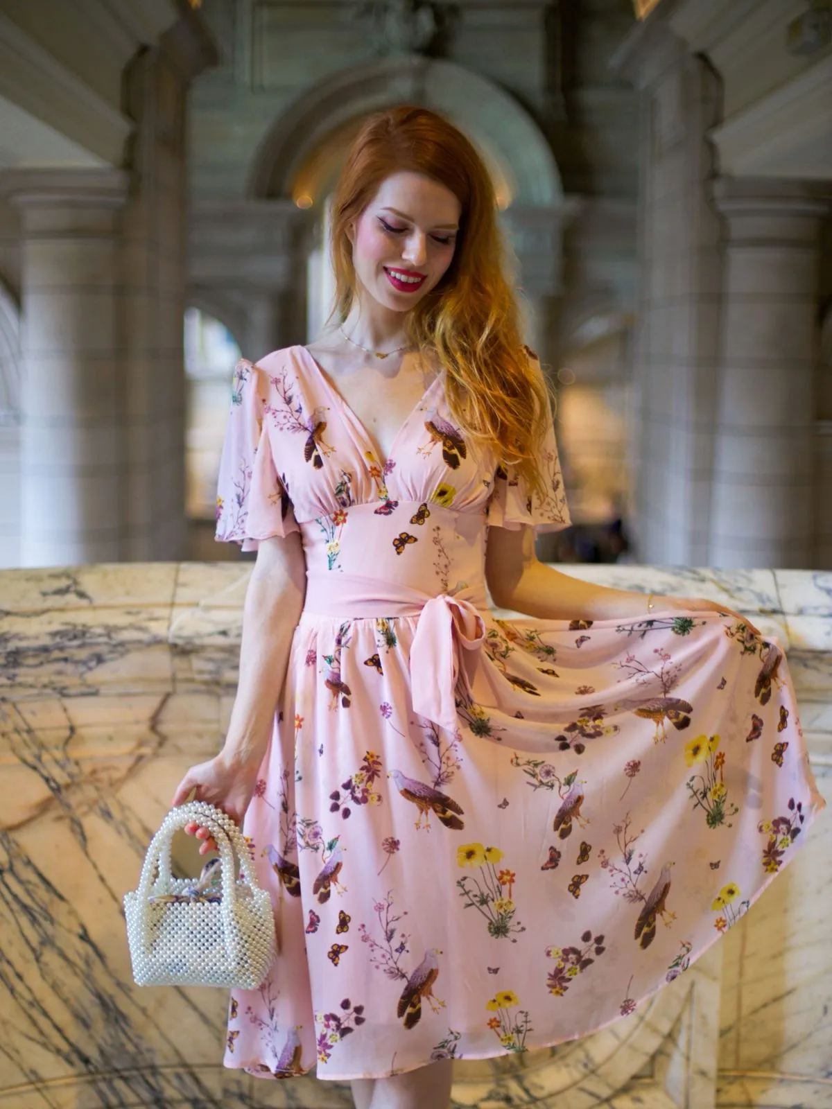 Pink Flowers And Birds Bowknot V-Neck Dress sold by Retro Stage