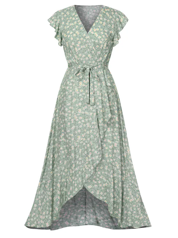 Green 1940s V-Neck Ditsy Floral Irregular Hem Dress sold by Retro Stage