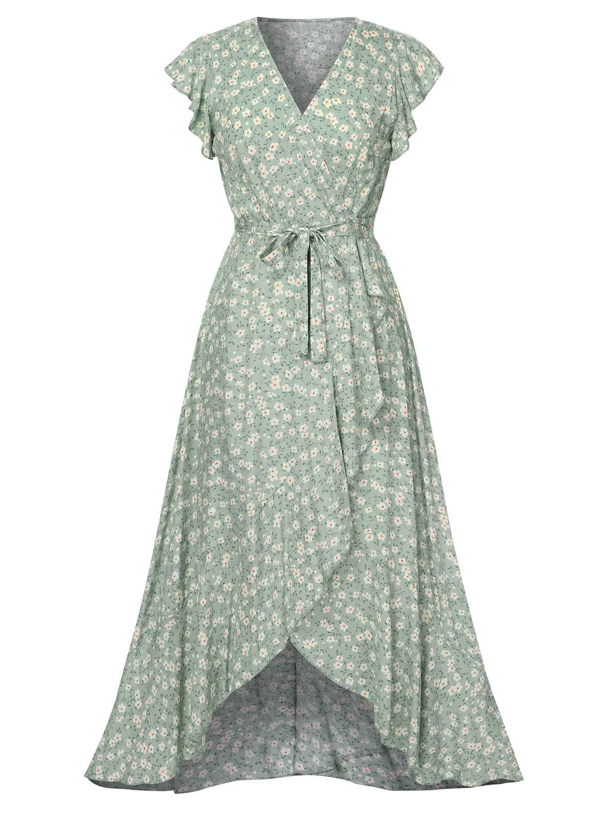 Green 1940s V-Neck Ditsy Floral Irregular Hem Dress sold by Retro Stage