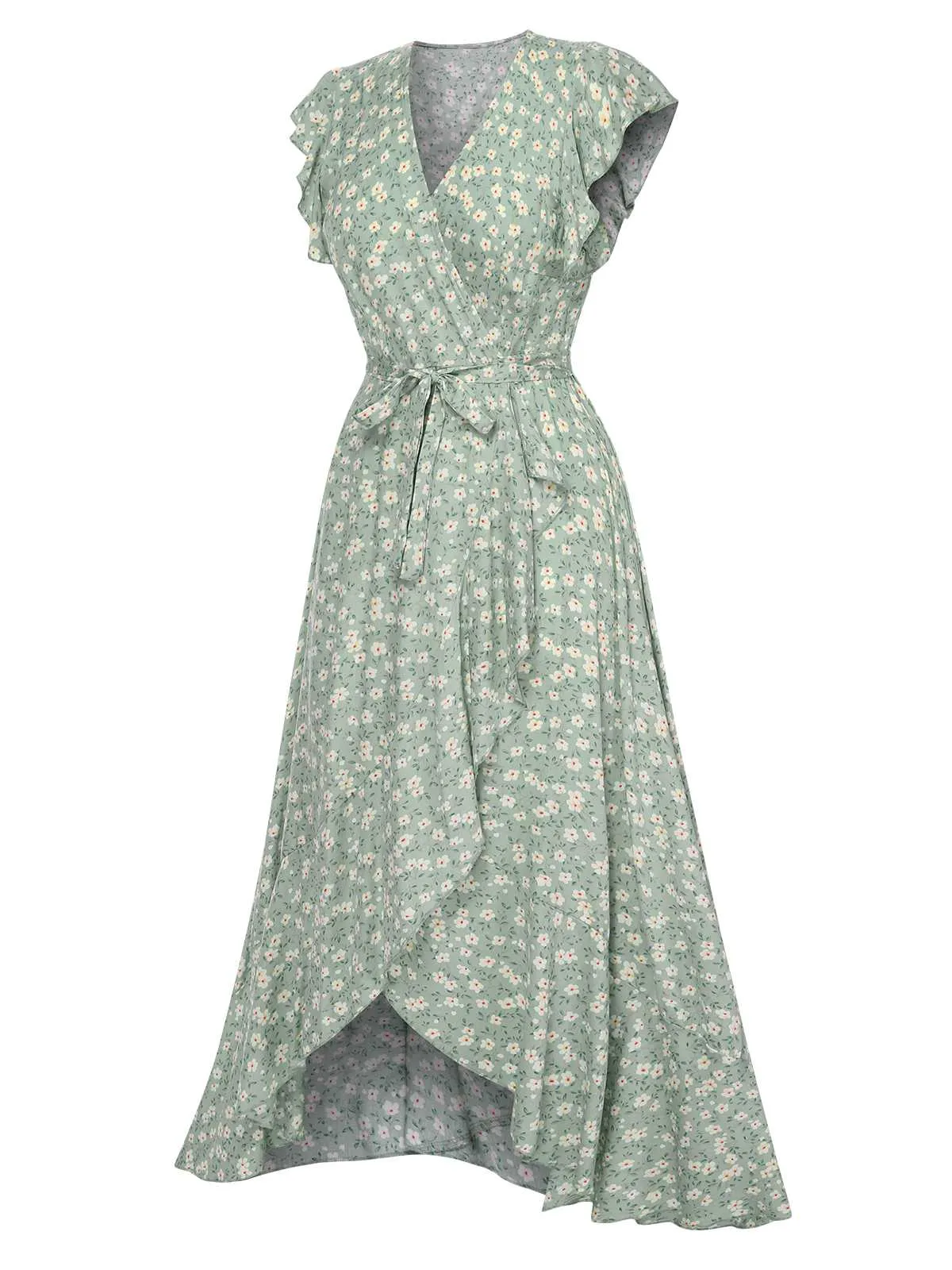 Green 1940s V-Neck Ditsy Floral Irregular Hem Dress sold by Retro Stage product image thumbnail 2