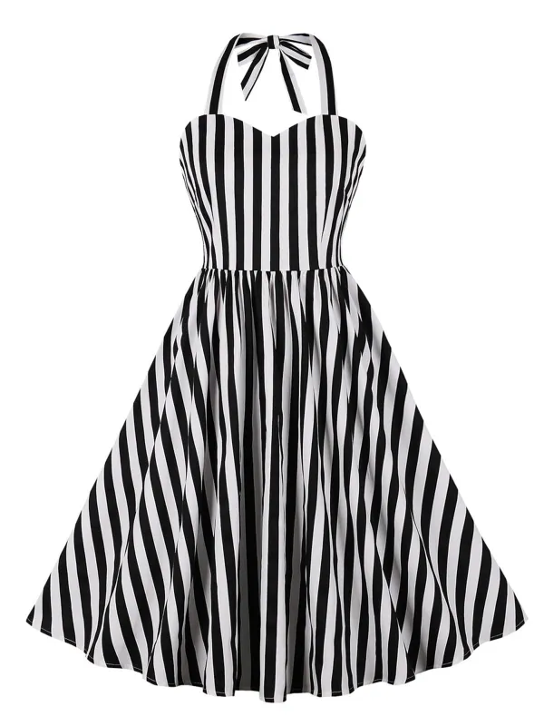 Black 1950s Vertical Stripes Halter Dress sold by Retro Stage