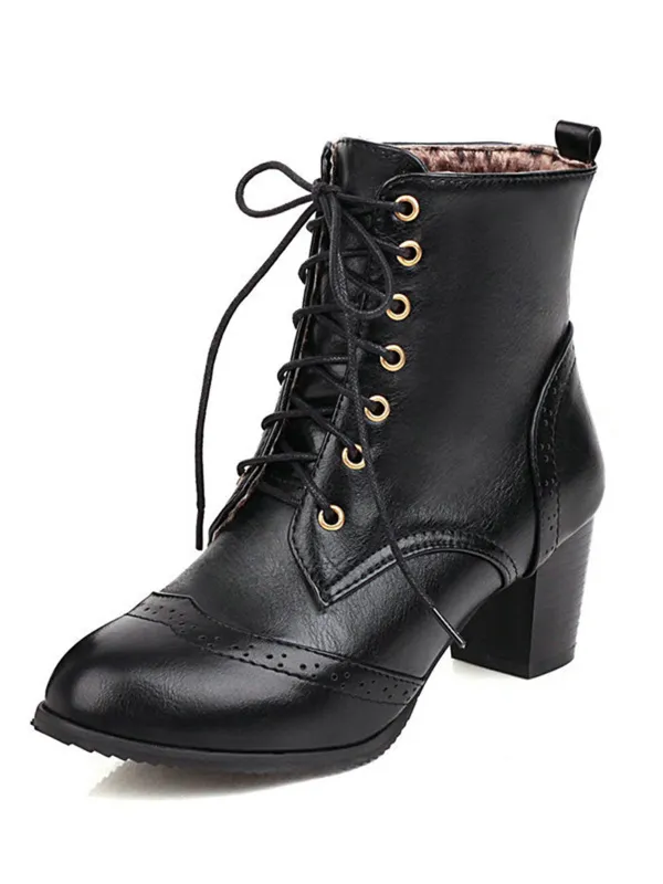 Retro Leather Medium Heel Lace-Up Combat Boots sold by Retro Stage