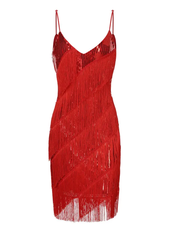 Red 1920s Spaghetti Strap Sequin Fringe Dress sold by Retro Stage