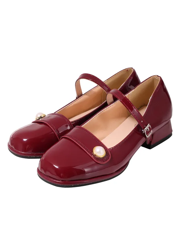 Wine Red PU Leather Pearl Mary Jane Shoes sold by Retro Stage
