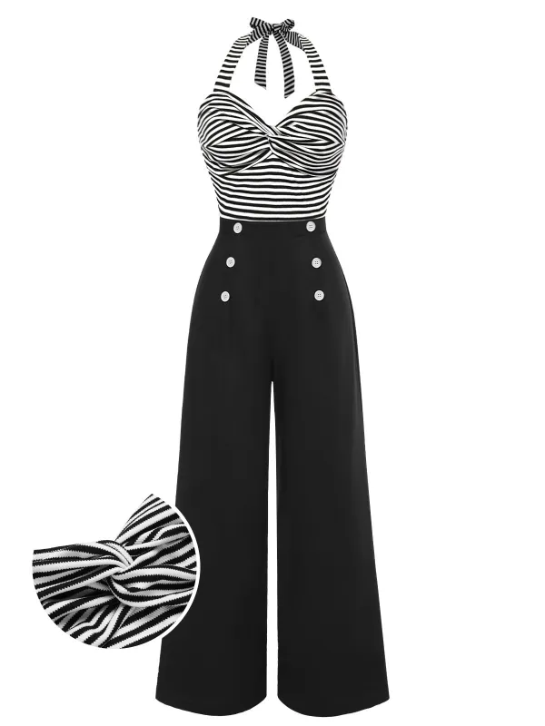 Black 1960s Stripe Knit Patchwork Halter Jumpsuit sold by Retro Stage