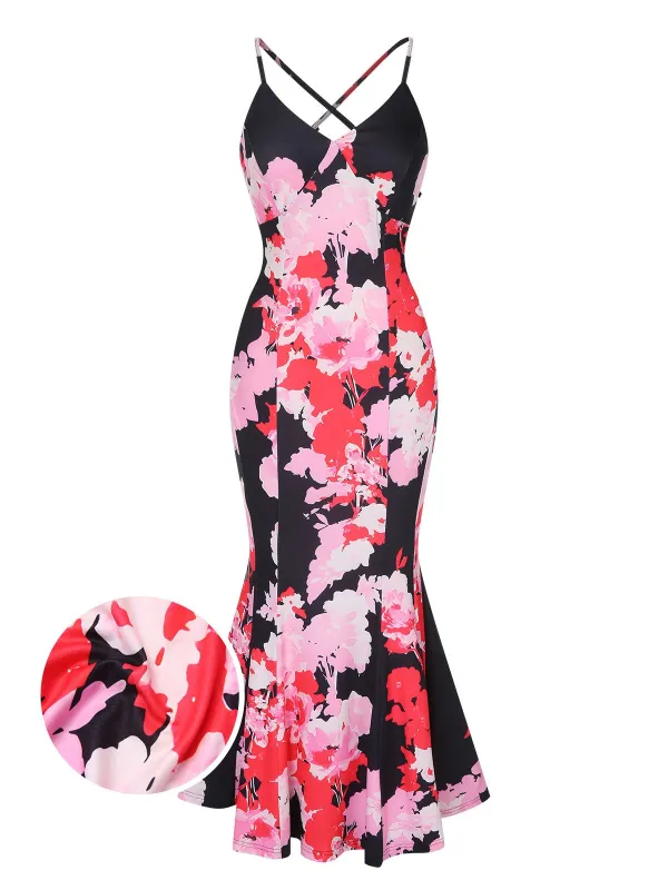 Pink 1930s Spaghetti Strap Floral Mermaid Dress sold by Retro Stage