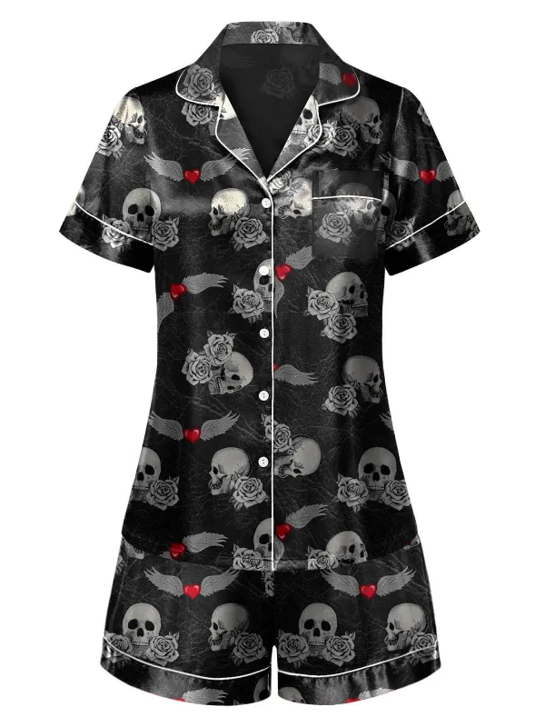 Black 1970s Rose Skull Lapel Pajamas made by Retro Stage