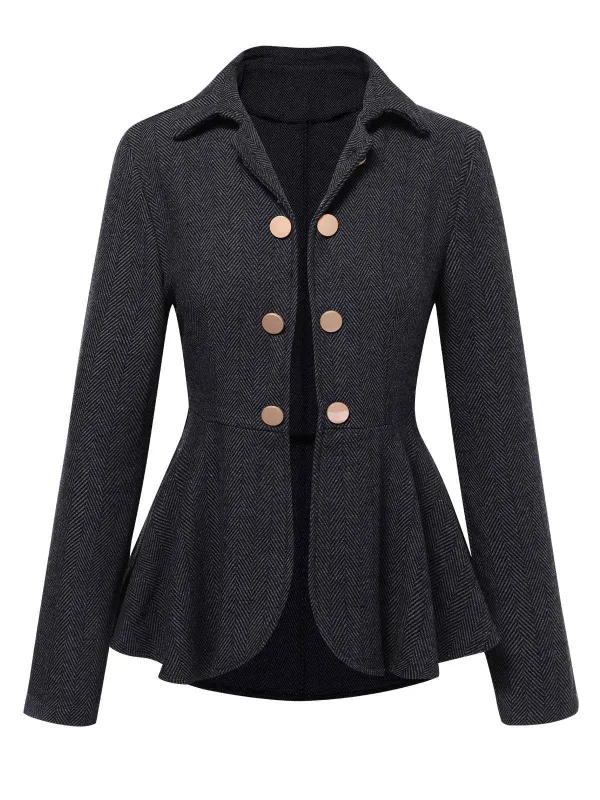 Black 1950s Lapel Ruffles Double Breasted Jacket sold by Retro Stage