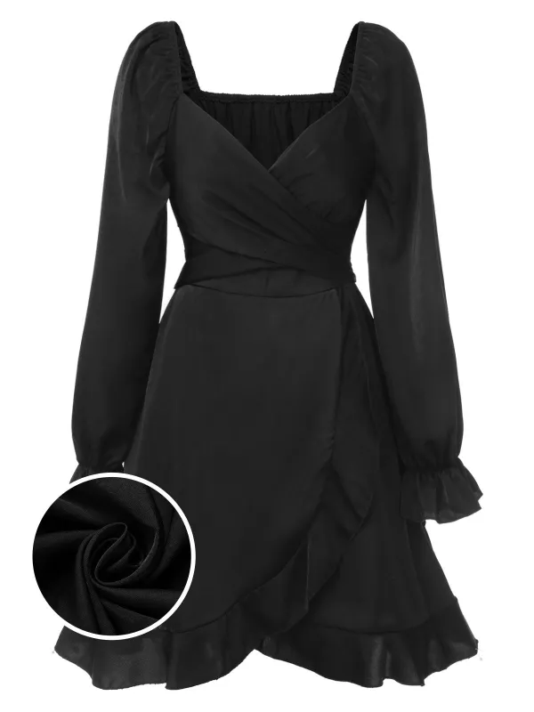 Black 1950s Solid Ruffles V-Neck Dress made by Retro Stage