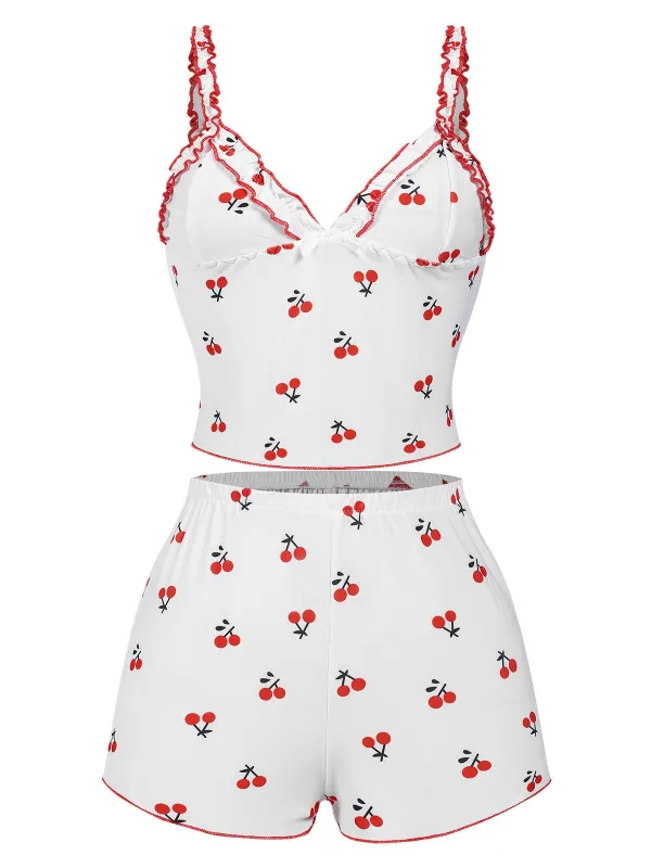 White 1950s Cherry Navel Straps Pajamas sold by Retro Stage