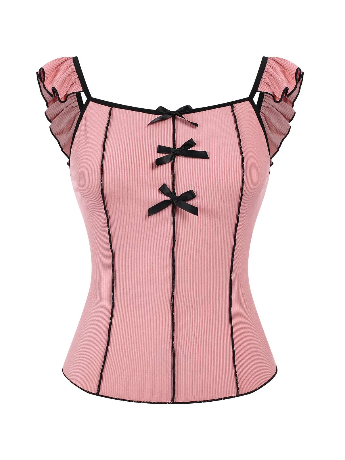 Pink 1950s Bow Binding Ruffle Straps Pajamas sold by Retro Stage product image thumbnail 3