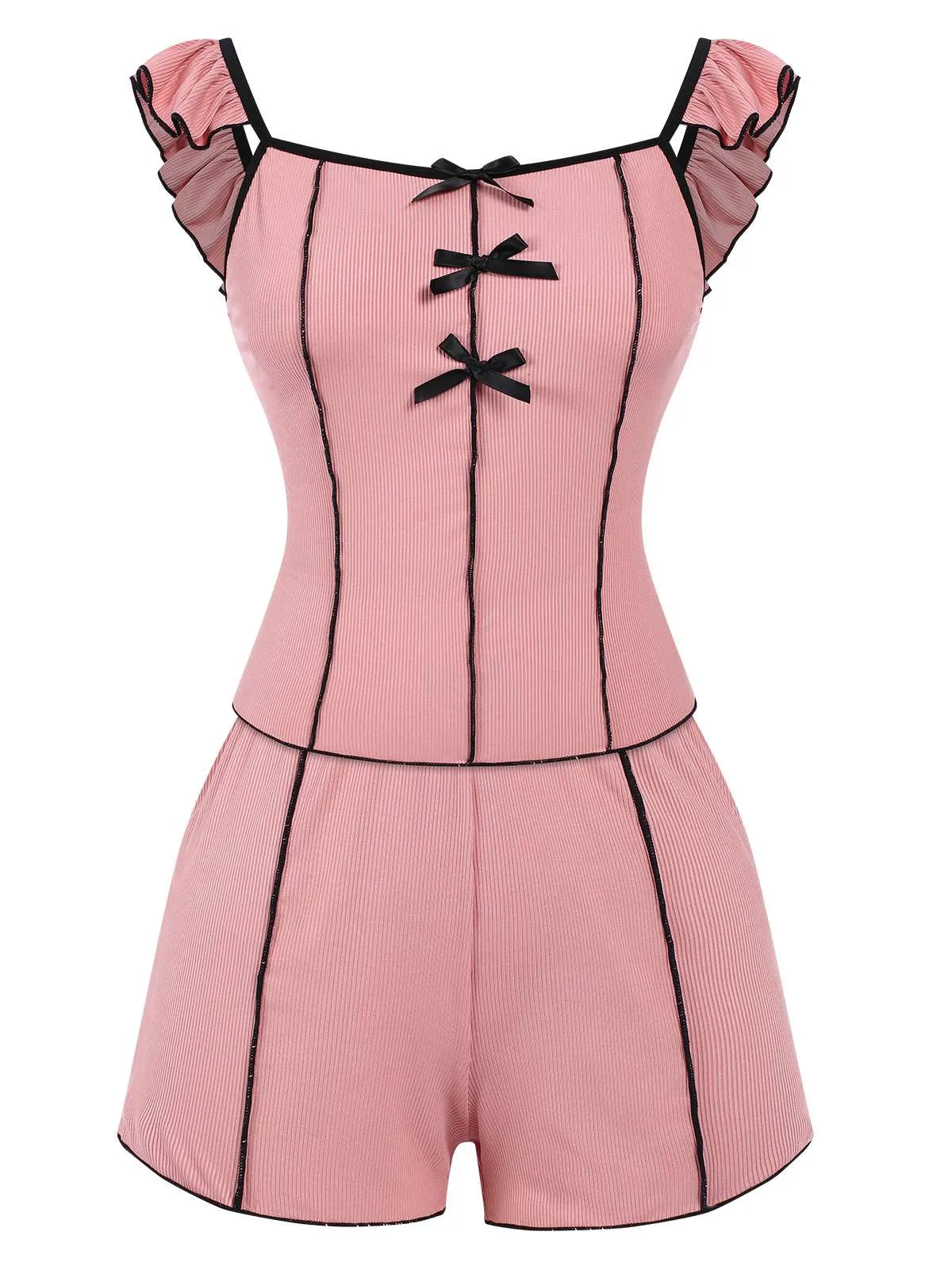 Pink 1950s Bow Binding Ruffle Straps Pajamas sold by Retro Stage