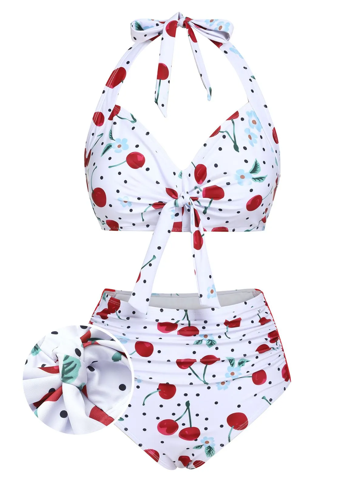 White 1950s Cherry Lace-Up Halter Swimsuit sold by Retro Stage