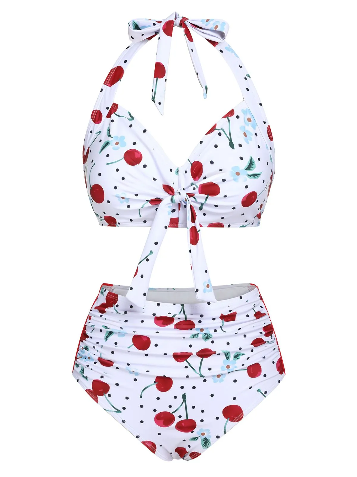 White 1950s Cherry Lace-Up Halter Swimsuit sold by Retro Stage product image thumbnail 2