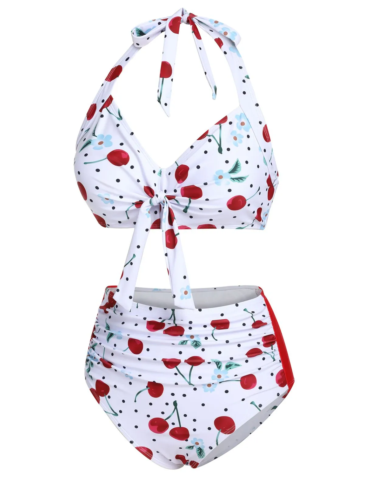White 1950s Cherry Lace-Up Halter Swimsuit sold by Retro Stage product image thumbnail 3