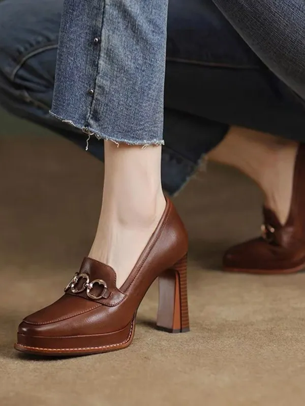 Retro Brown Faux Leather Chuny High Heels sold by Retro Stage