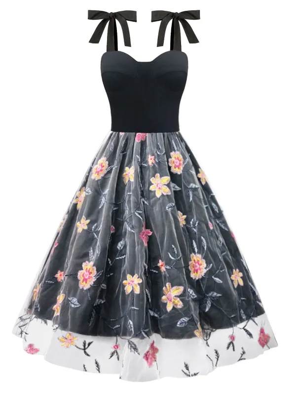 Black 1970s Embroidered Floral Patchwork Mesh Dress sold by Retro Stage