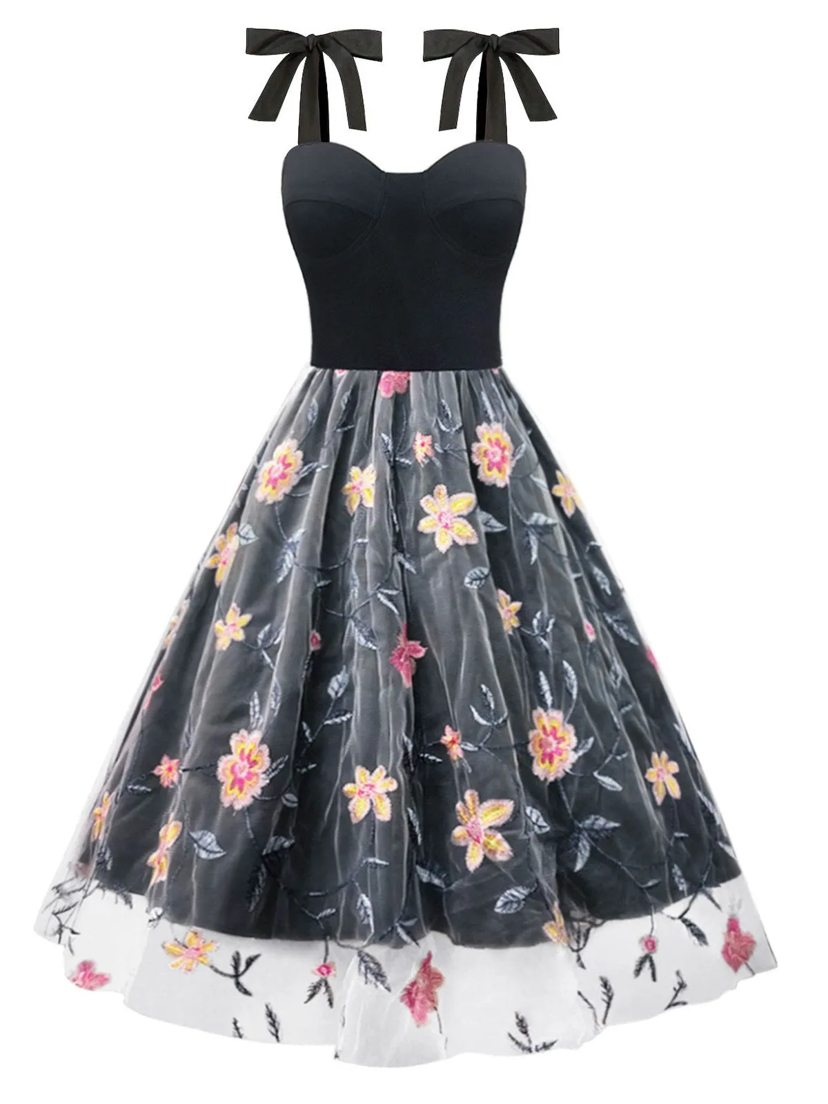 Black 1970s Embroidered Floral Patchwork Mesh Dress sold by Retro Stage