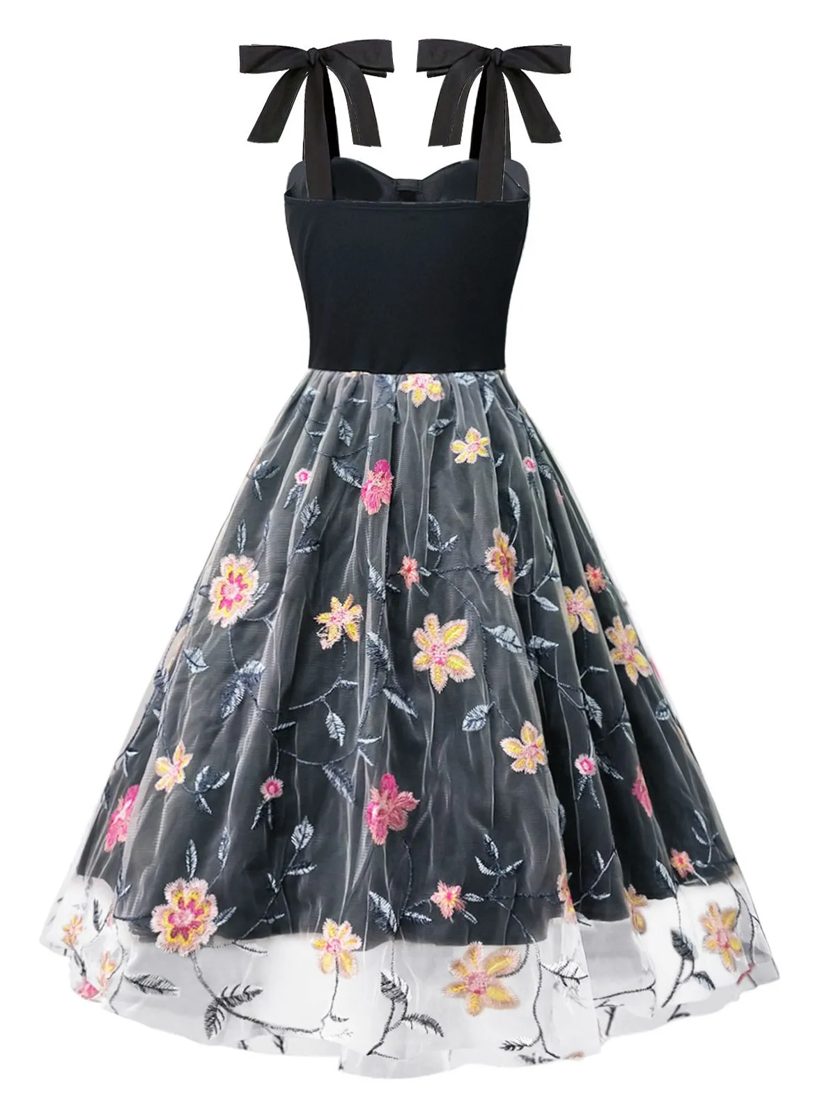 Black 1970s Embroidered Floral Patchwork Mesh Dress sold by Retro Stage product image thumbnail 2