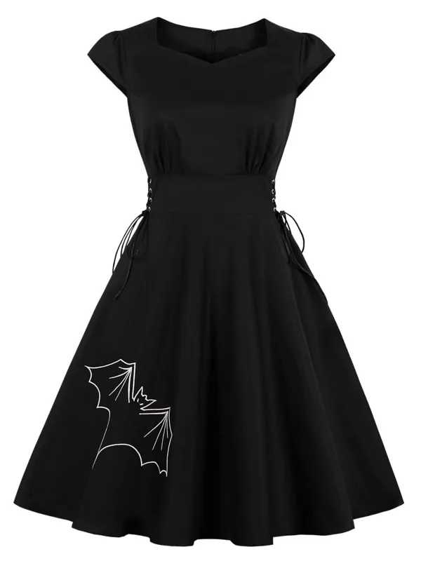 Black 1950s Halloween Bat Lace-Up Dress sold by Retro Stage