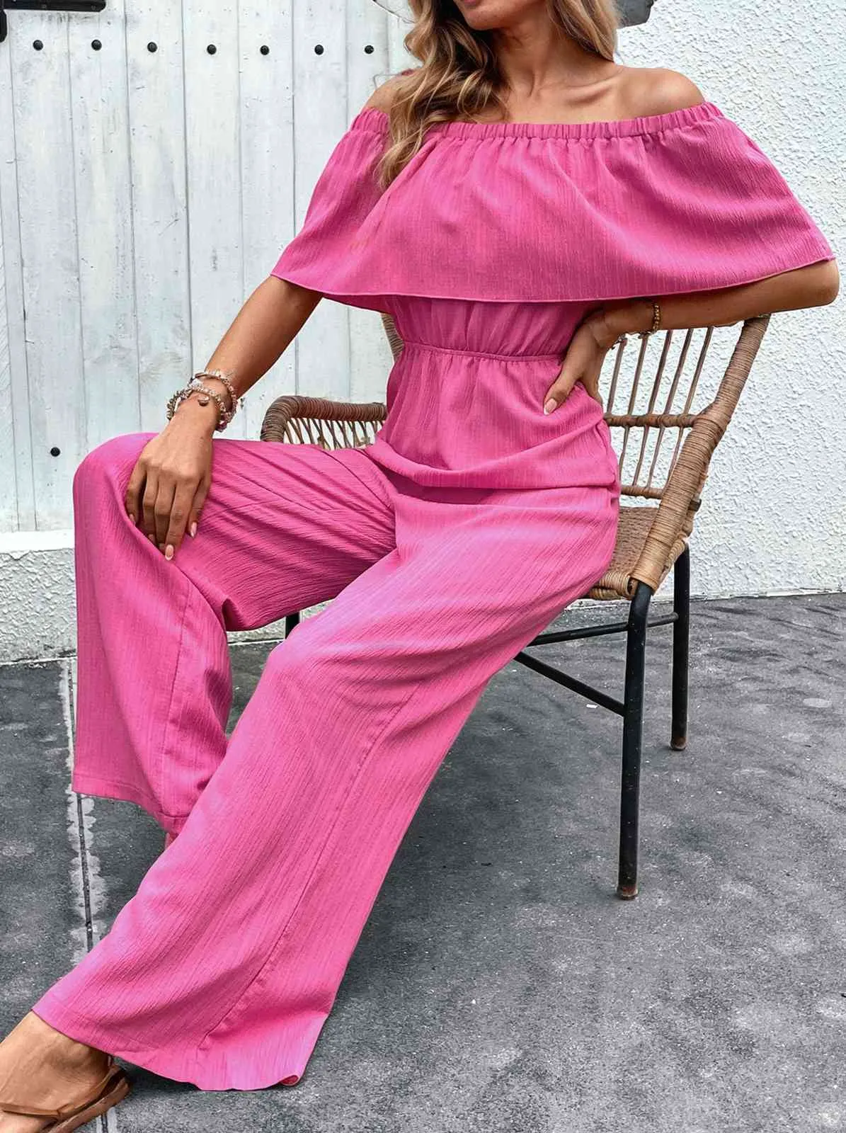 Pink 1960s Solid Off-Shoulder Wideleg Jumpsuit sold by Retro Stage product image thumbnail 3