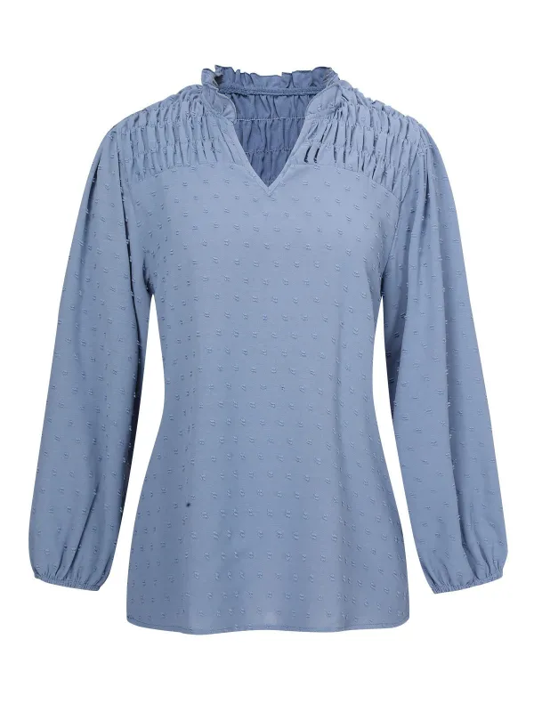 Blue 1940s Solid V-Neck Swiss Dot Blouse sold by Retro Stage