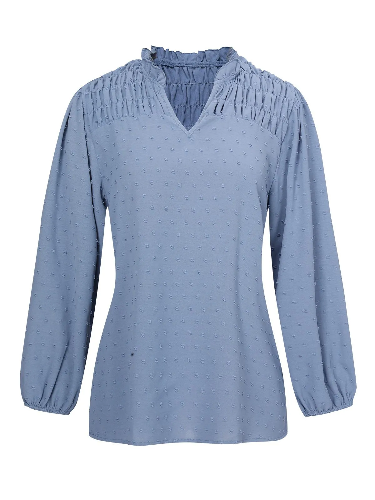 Blue 1940s Solid V-Neck Swiss Dot Blouse sold by Retro Stage