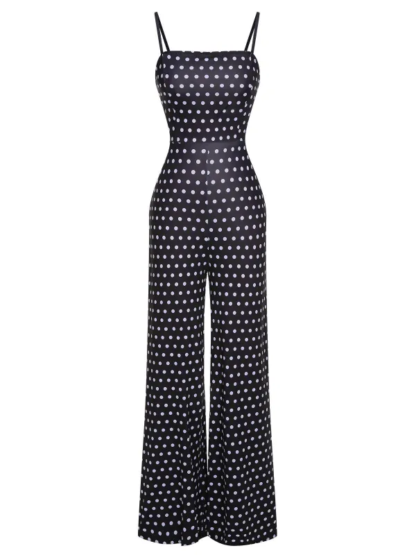 Black 1940s Polka Dots Back Strap Jumpsuit sold by Retro Stage