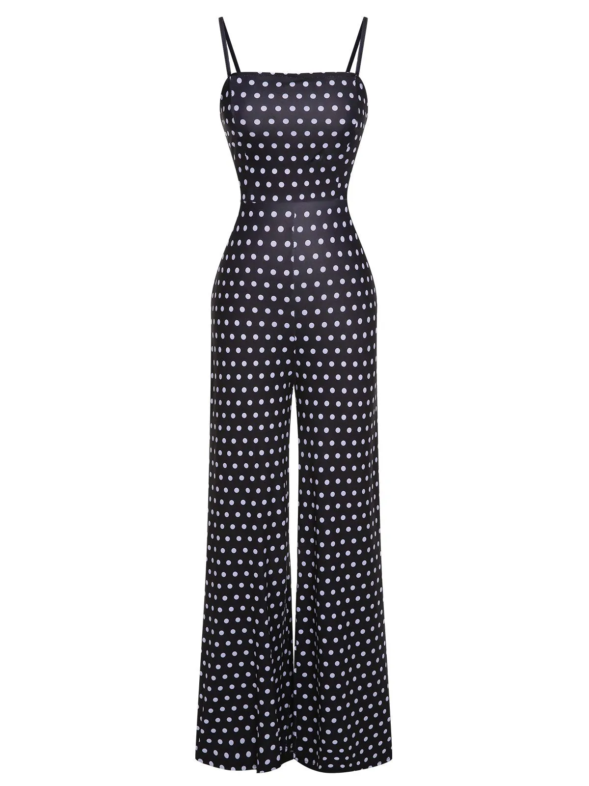 Black 1940s Polka Dots Back Strap Jumpsuit sold by Retro Stage