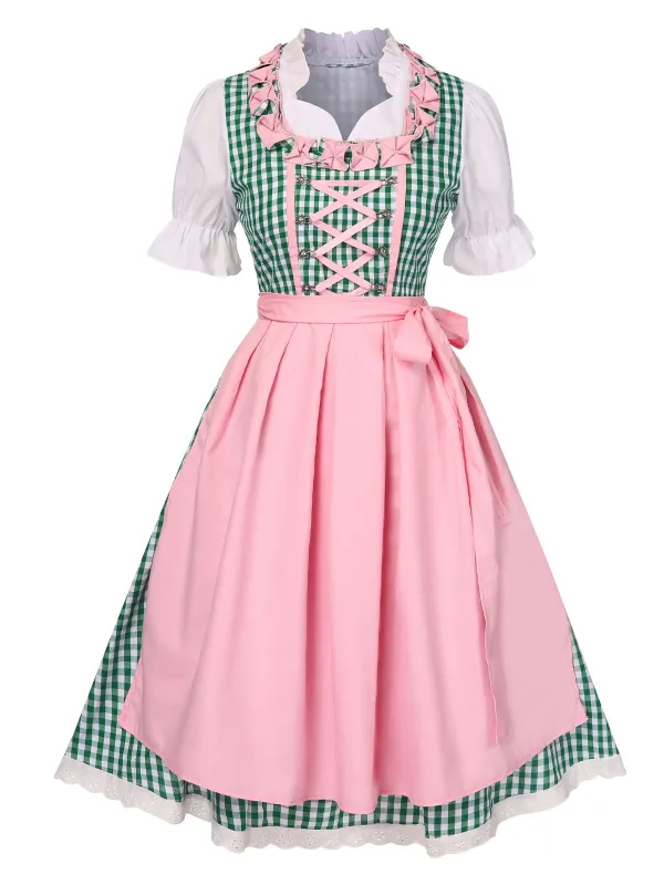 2PCS 1950s Oktoberfest White Top & Green Plaid Dress & Pink Apron sold by Retro Stage