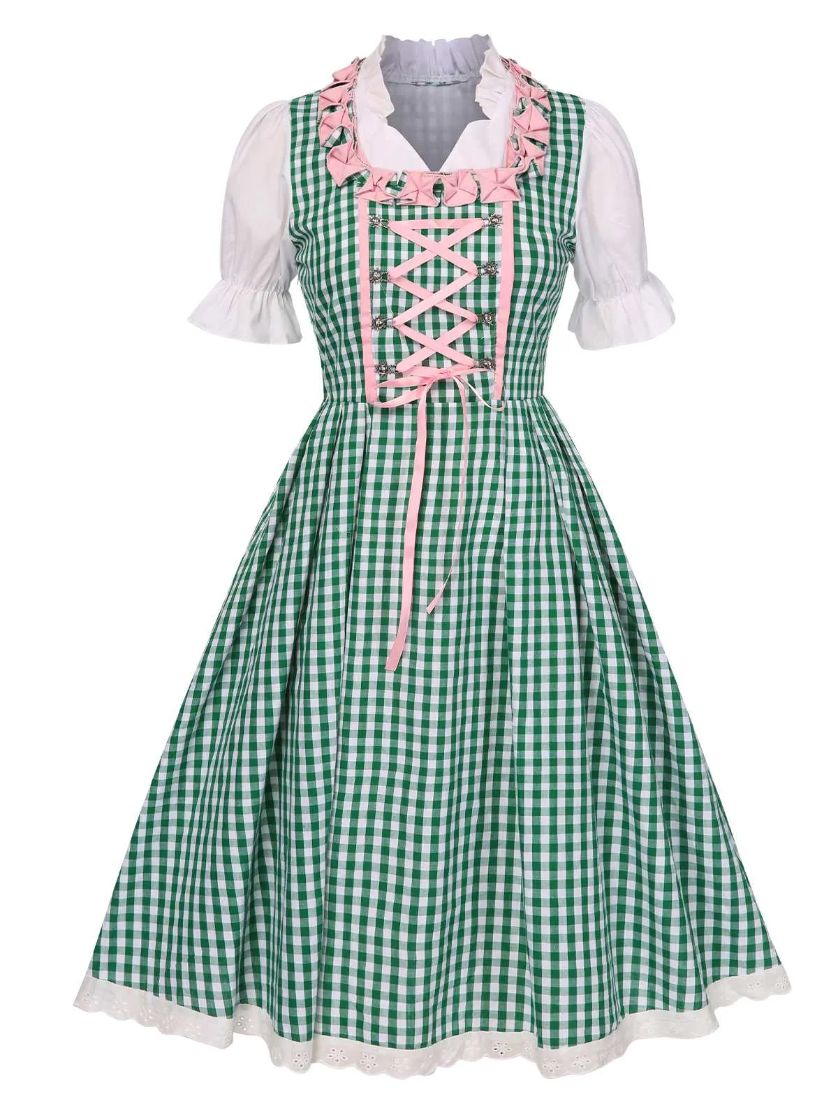 2PCS 1950s Oktoberfest White Top & Green Plaid Dress & Pink Apron sold by Retro Stage product image thumbnail 3