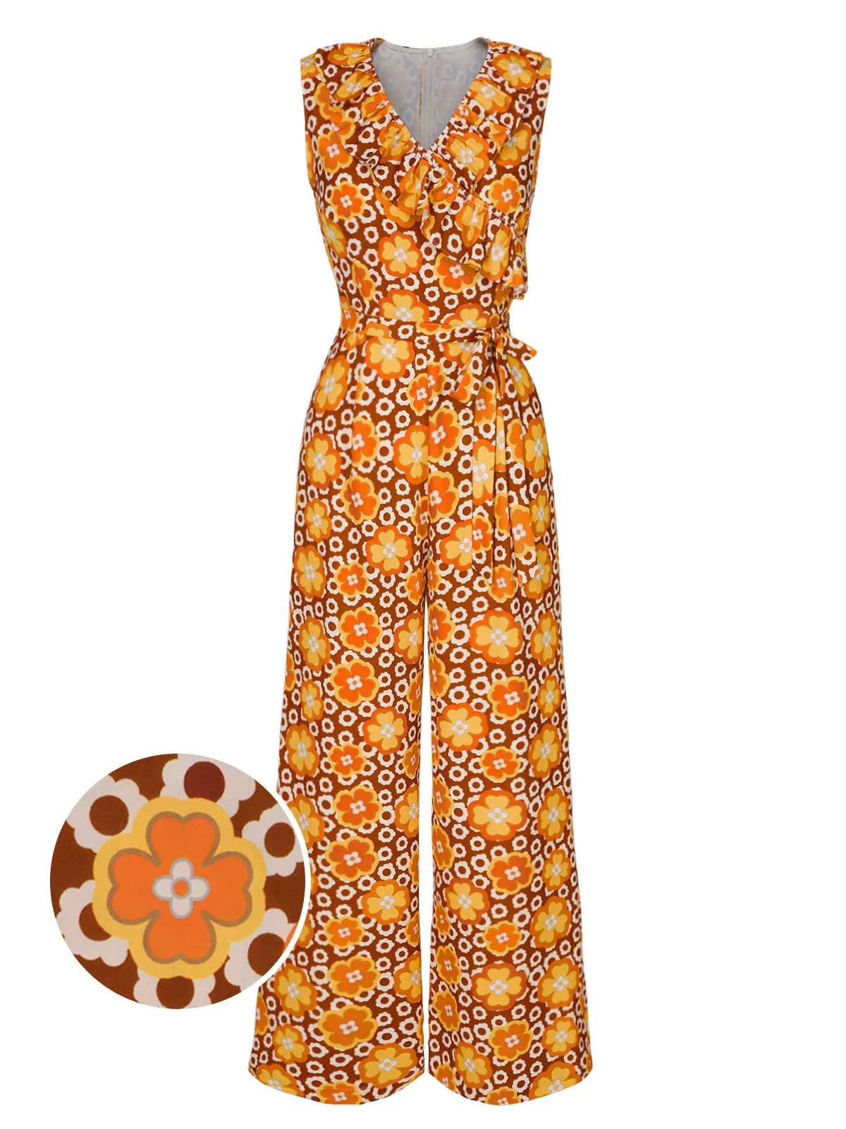 1970s V-Neck Floral Belted Sleeveless Jumpsuit sold by Retro Stage