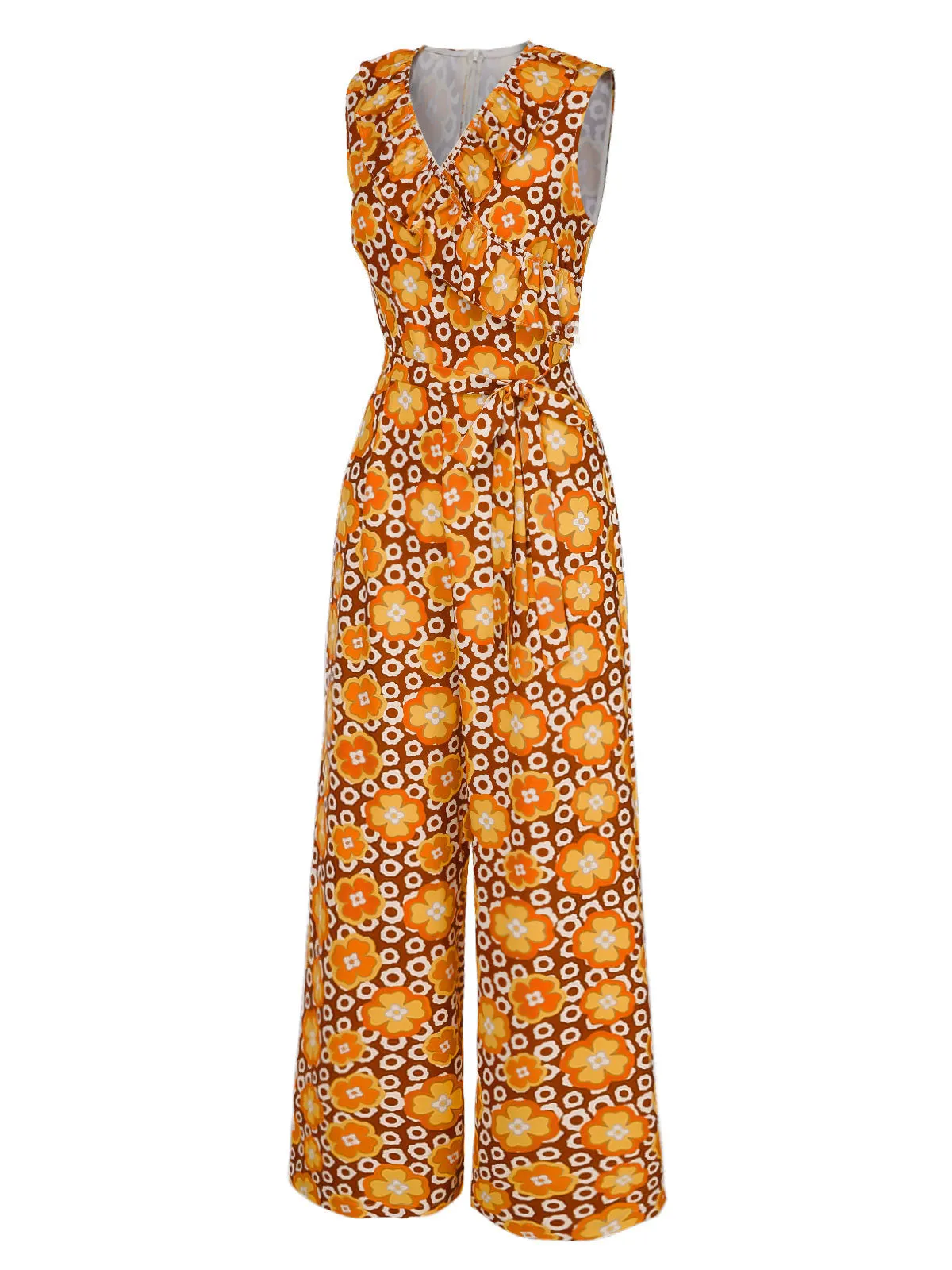 1970s V-Neck Floral Belted Sleeveless Jumpsuit sold by Retro Stage product image thumbnail 3