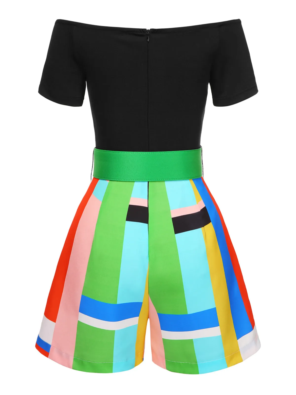 1980s Off-Shoulder Geometric Colorblock Belted Romper sold by Retro Stage product image thumbnail 4