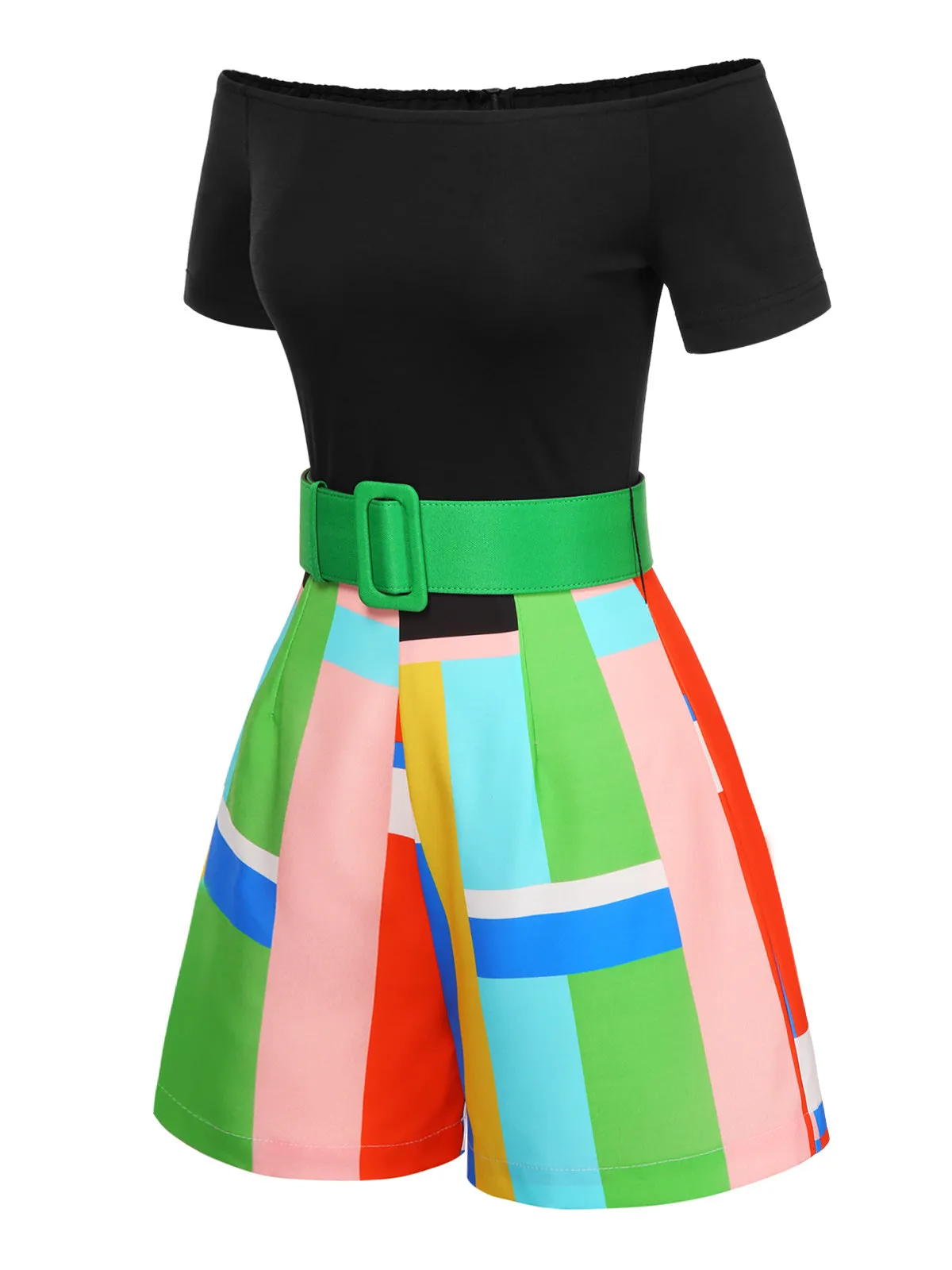 1980s Off-Shoulder Geometric Colorblock Belted Romper sold by Retro Stage product image thumbnail 3