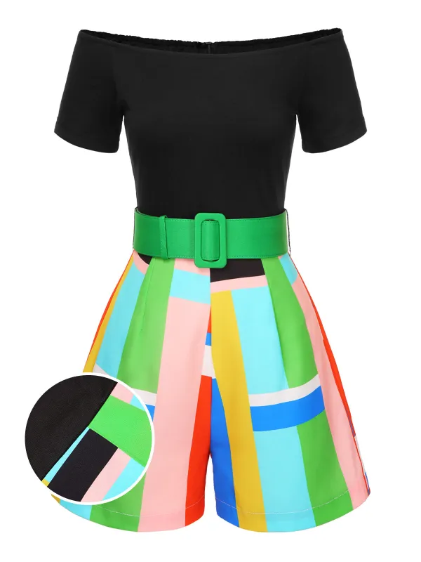1980s Off-Shoulder Geometric Colorblock Belted Romper sold by Retro Stage