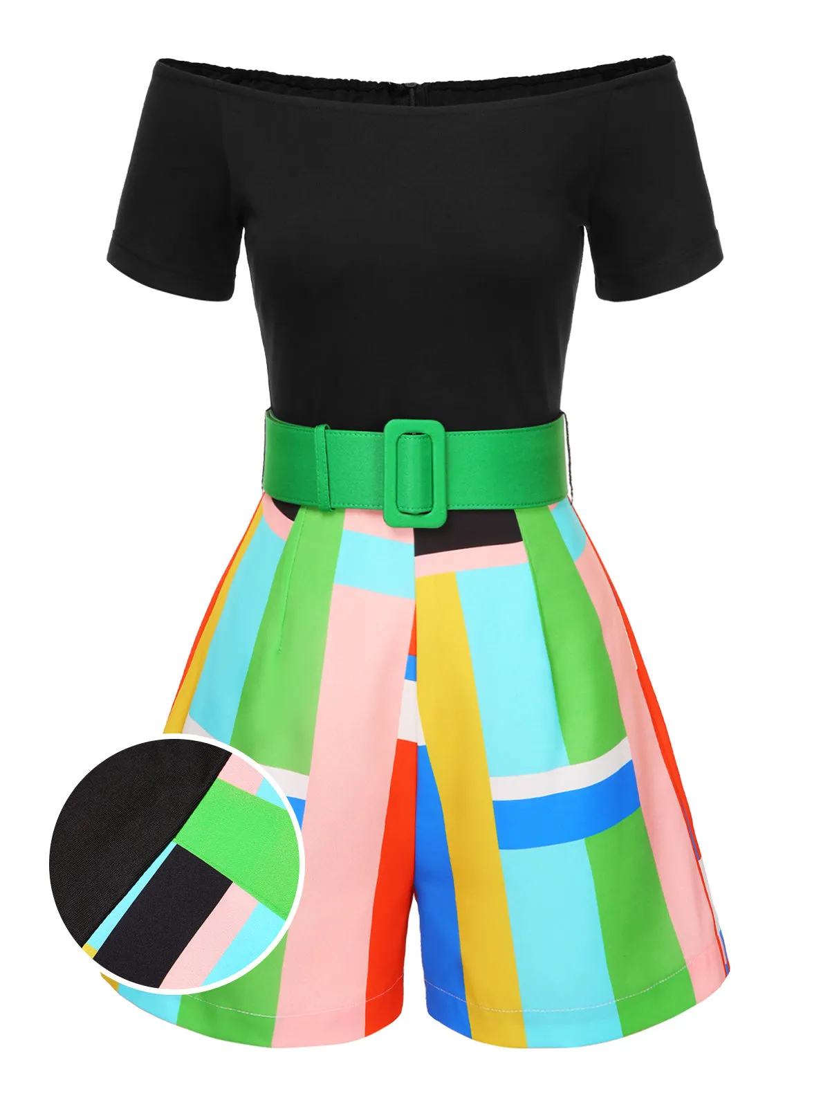 1980s Off-Shoulder Geometric Colorblock Belted Romper sold by Retro Stage