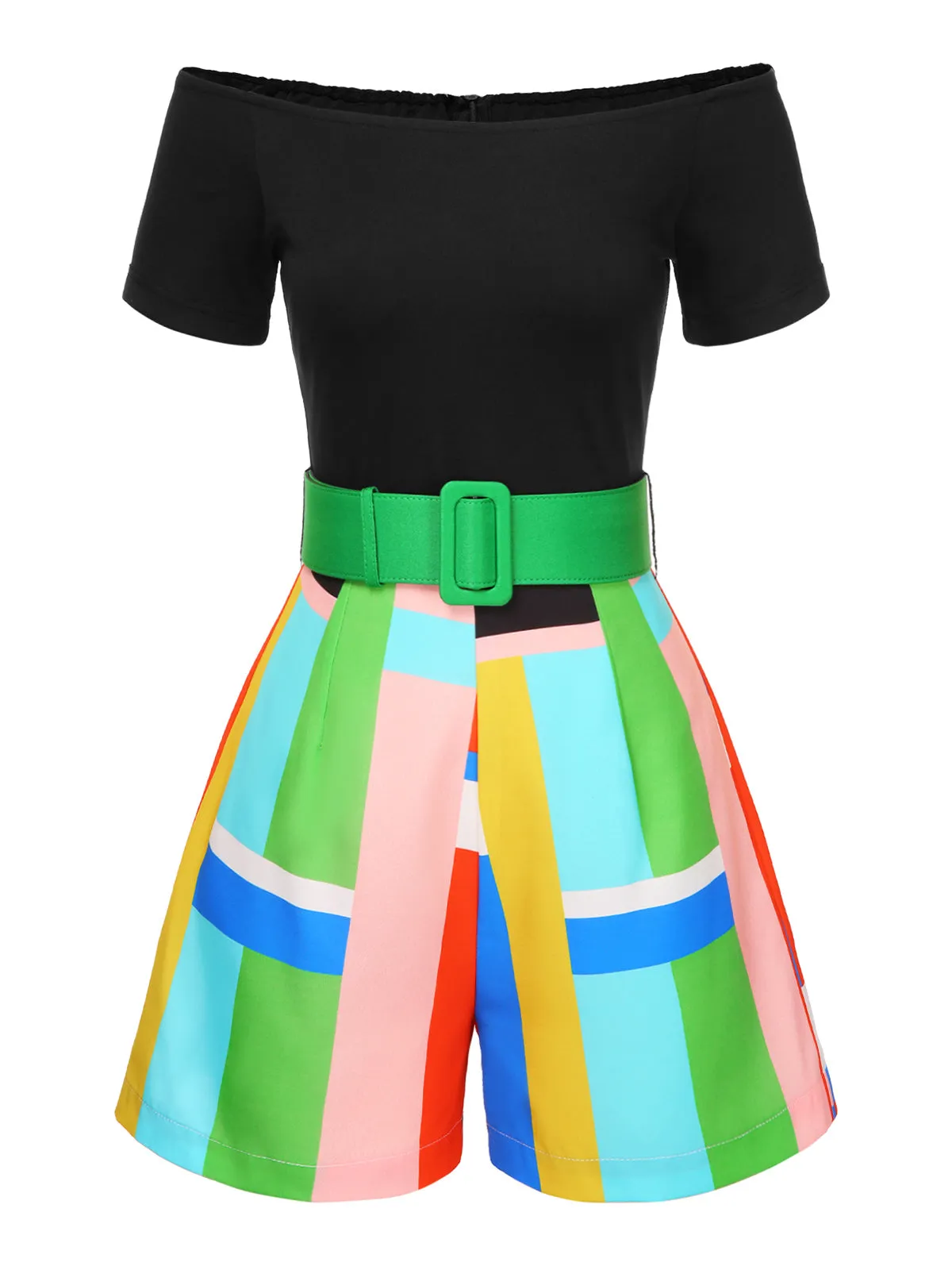1980s Off-Shoulder Geometric Colorblock Belted Romper sold by Retro Stage product image thumbnail 2