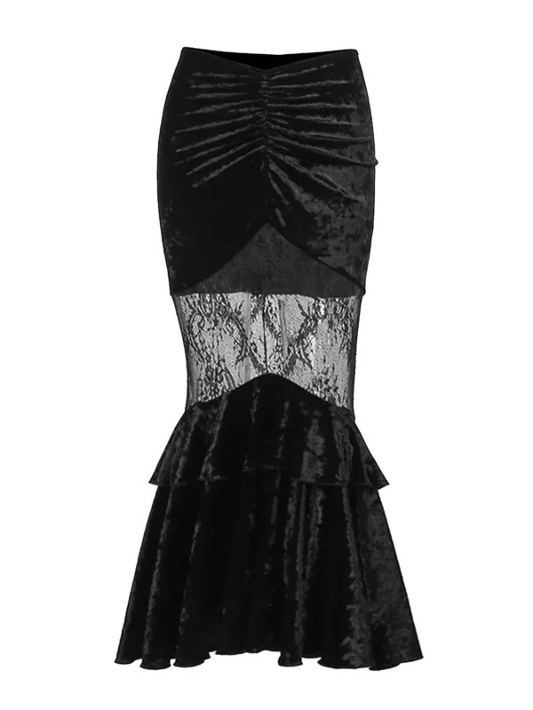 1970s Gothic Velvet Lace Tiered Mermaid Skirt sold by Retro Stage