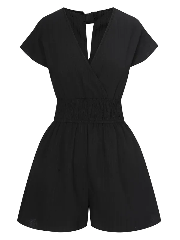 1970s Solid Elastic Waist Wrap V-Neck Romper sold by Retro Stage