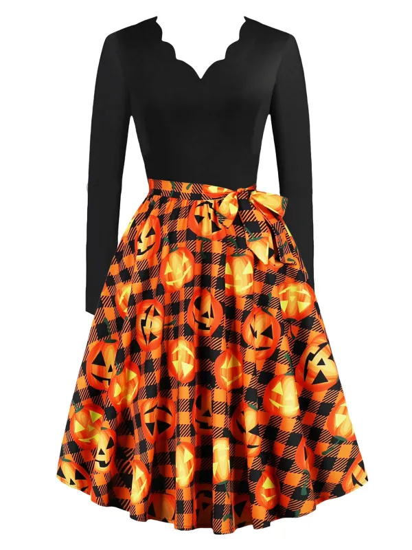1950s Halloween Pattern Wave Neck Patchwork Dress sold by Retro Stage