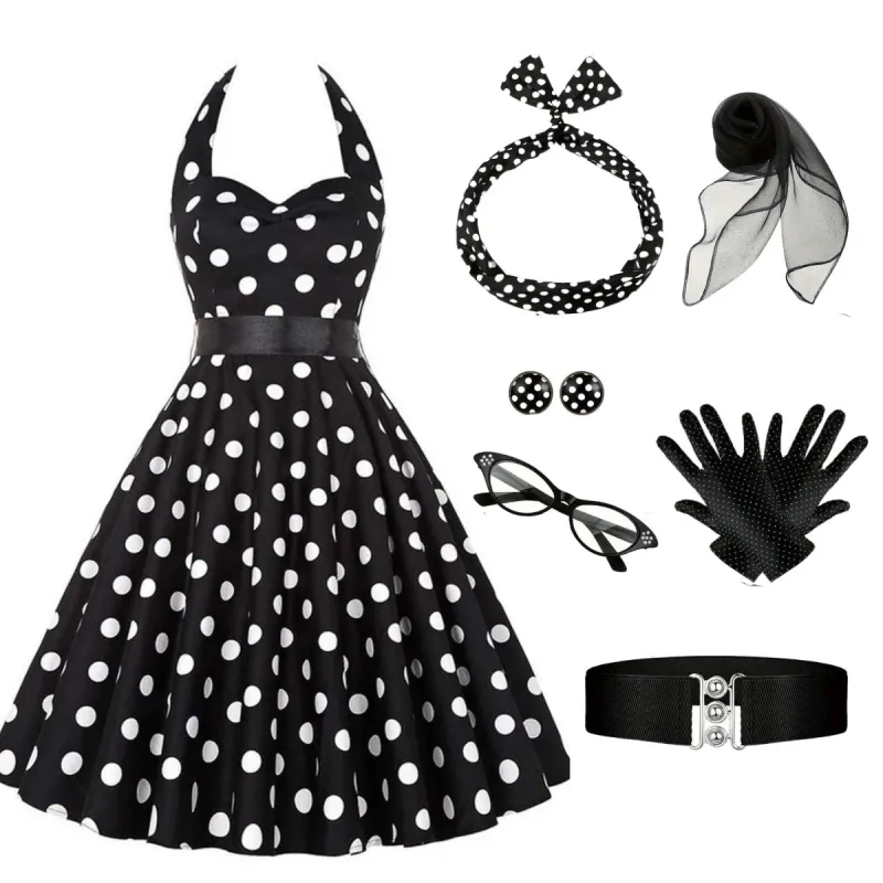 1950s Halter Contrast Polka Dots Belted Dress With Accessories Set sold by Retro Stage