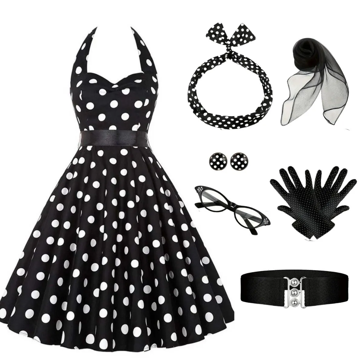 1950s Halter Contrast Polka Dots Belted Dress With Accessories Set sold by Retro Stage