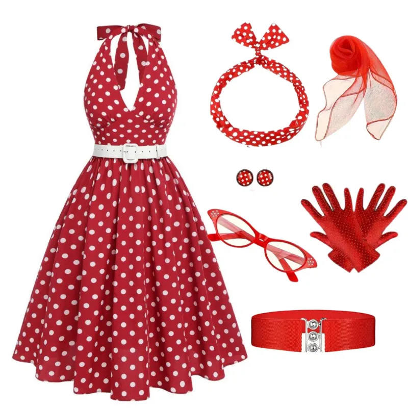Red 1950s Polka Dot Halter Dress With Accessories Set sold by Retro Stage