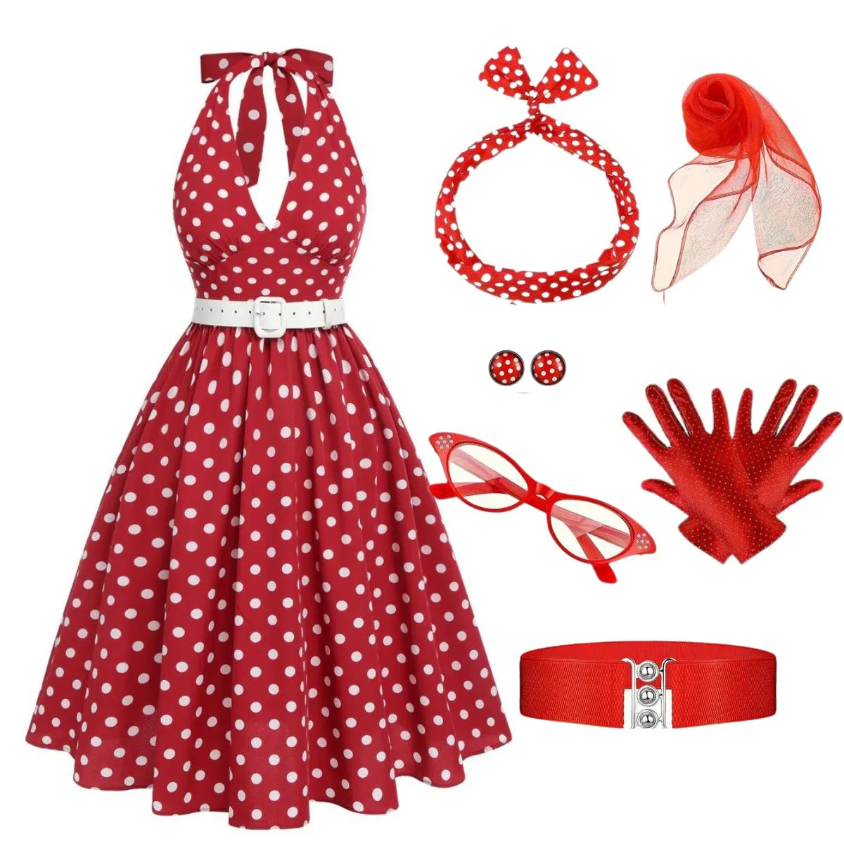 Red 1950s Polka Dot Halter Dress With Accessories Set sold by Retro Stage