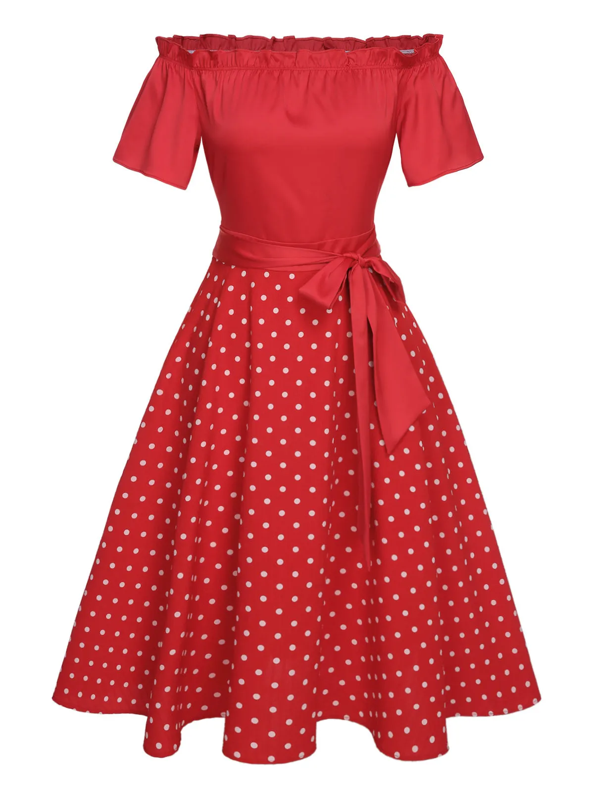 Red 1950s Off-Shoulder Polka Dots Belted Dress sold by Retro Stage product image thumbnail 3