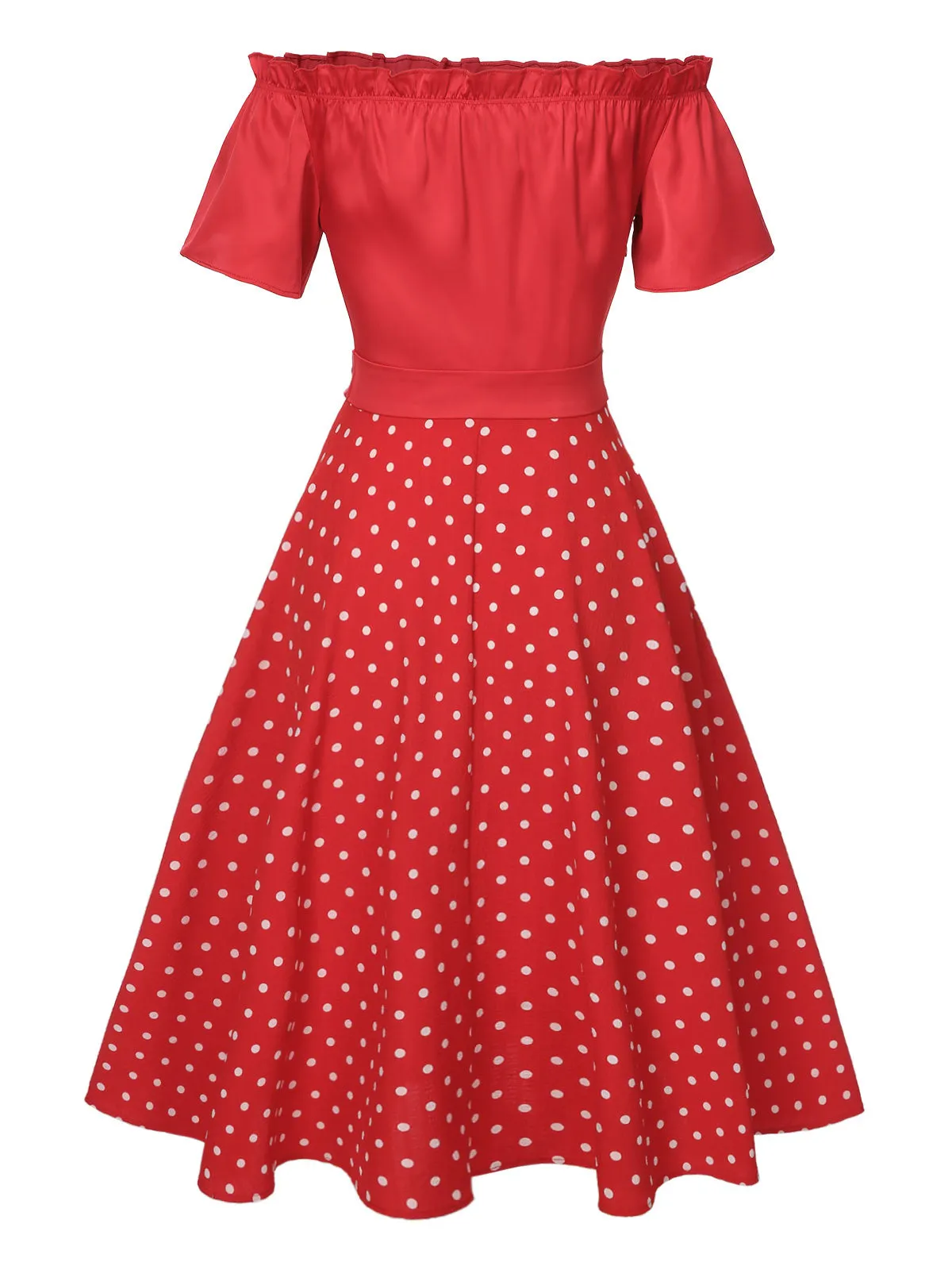 Red 1950s Off-Shoulder Polka Dots Belted Dress sold by Retro Stage product image thumbnail 5