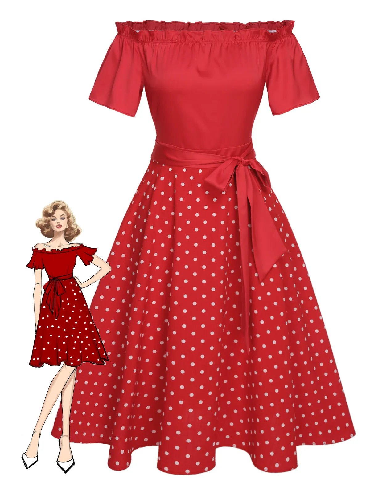 Red 1950s Off-Shoulder Polka Dots Belted Dress sold by Retro Stage product image thumbnail 2