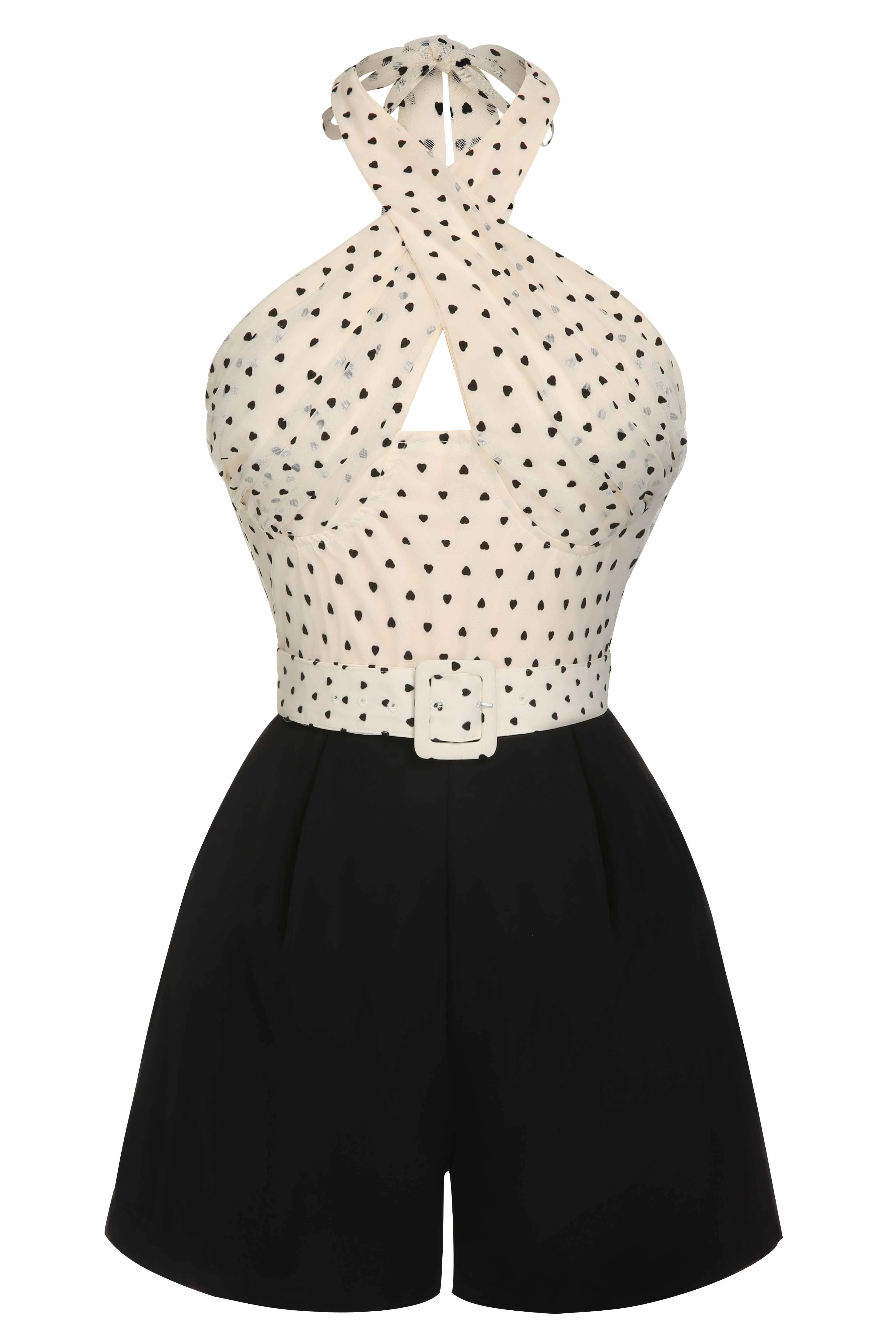 Beige 1950s 3D Heart Halter Patchwork Romper sold by Retro Stage product image thumbnail 3