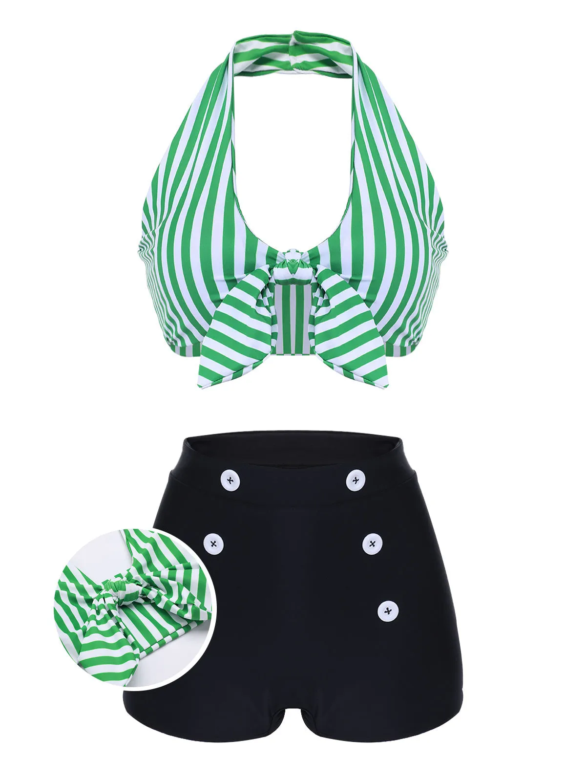 Green Retro Halter Stripes Bikini Set sold by Retro Stage product image thumbnail 2
